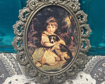 Vintage ornate Italy brass or metal frame with Victorian style  Girl- dog print