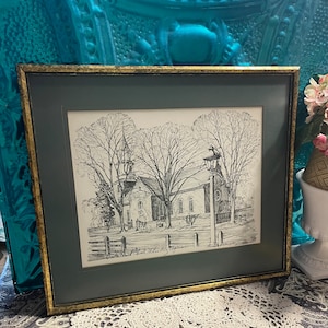 Vintage framed matted signed print of drawing - church in Virginia