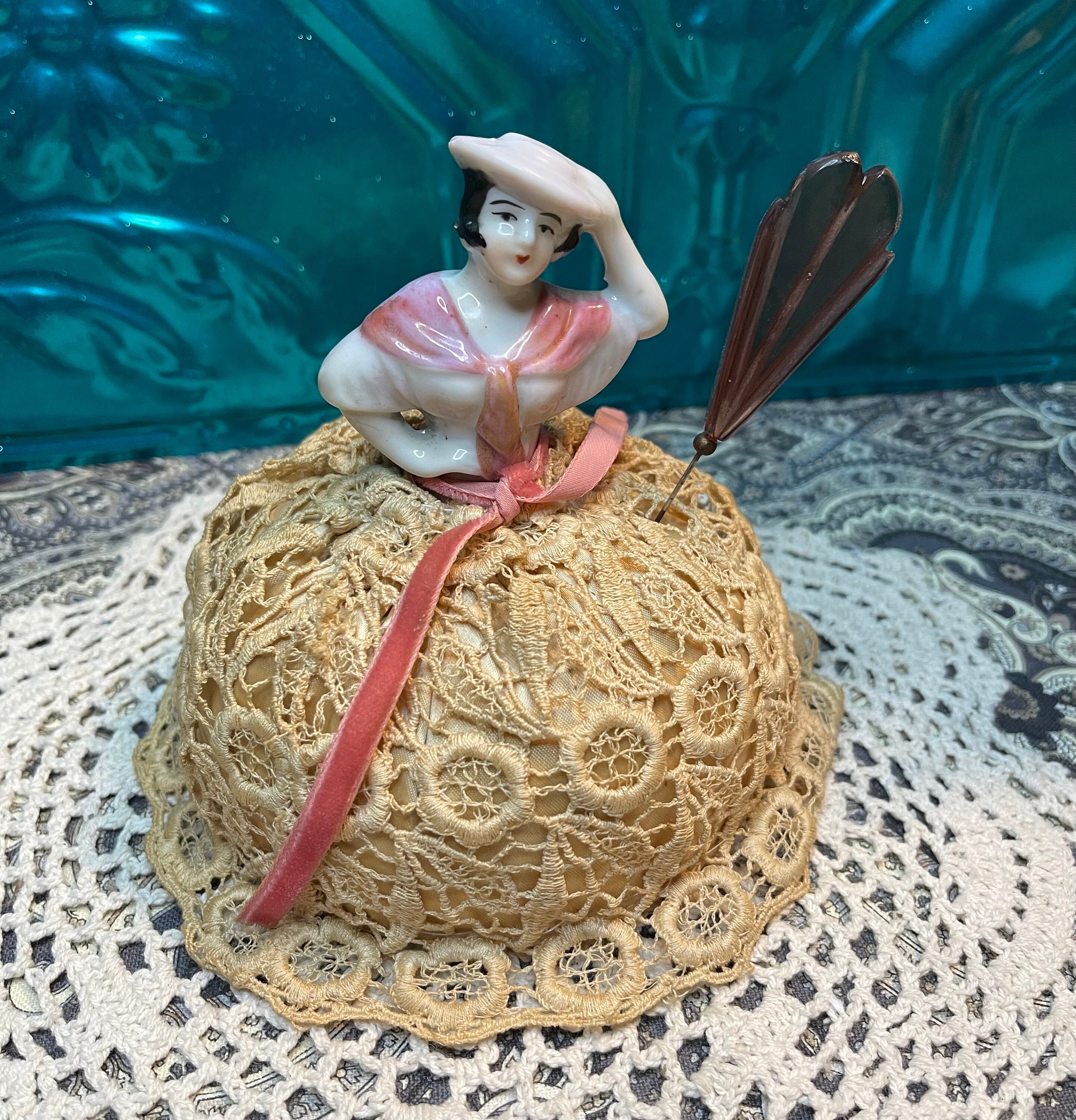 Vintage or Antique Porcelain Half Doll Hat Pin Cushion With One