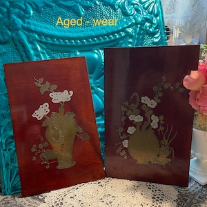 Vintage brass inlay wall plaques - aged - wear - set of 2