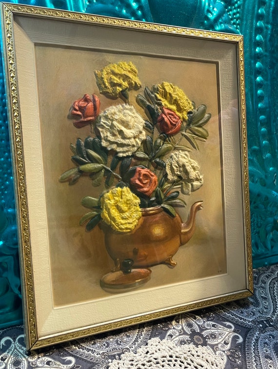 Vintage Framed 3d Flower Still Life in Metal Frame - Shadow