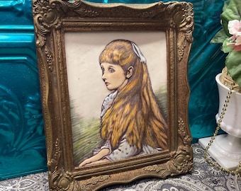 Vintage signed dimensional painted engraving in ornate frame - aged