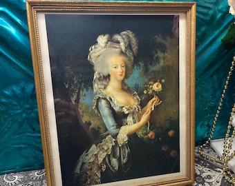 vintage 1968 reproduction print - printed in France Mary Antoinette in aged wood frame - aged