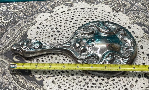 Antique Silver Plated Art Nouveau Hand Mirror- Floral Embossed