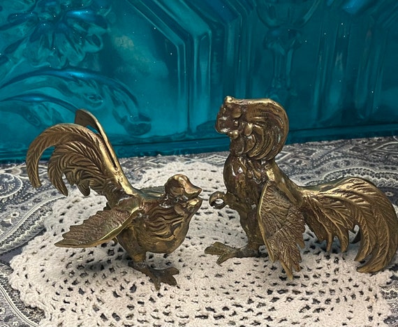 Vintage Small Brass Roosters - Set of 2 - Clearly Showing Their