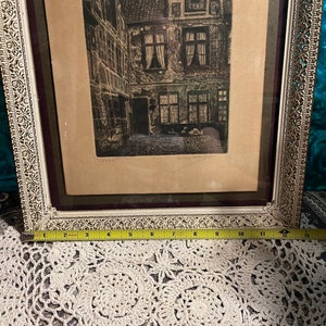 Antique- Vintage signed numbered print-etching in filigree metal frame - aged bild 4