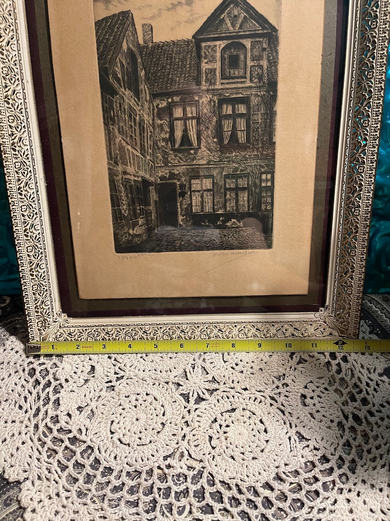 Antique- Vintage signed numbered print-etching in filigree metal frame - aged bild 4