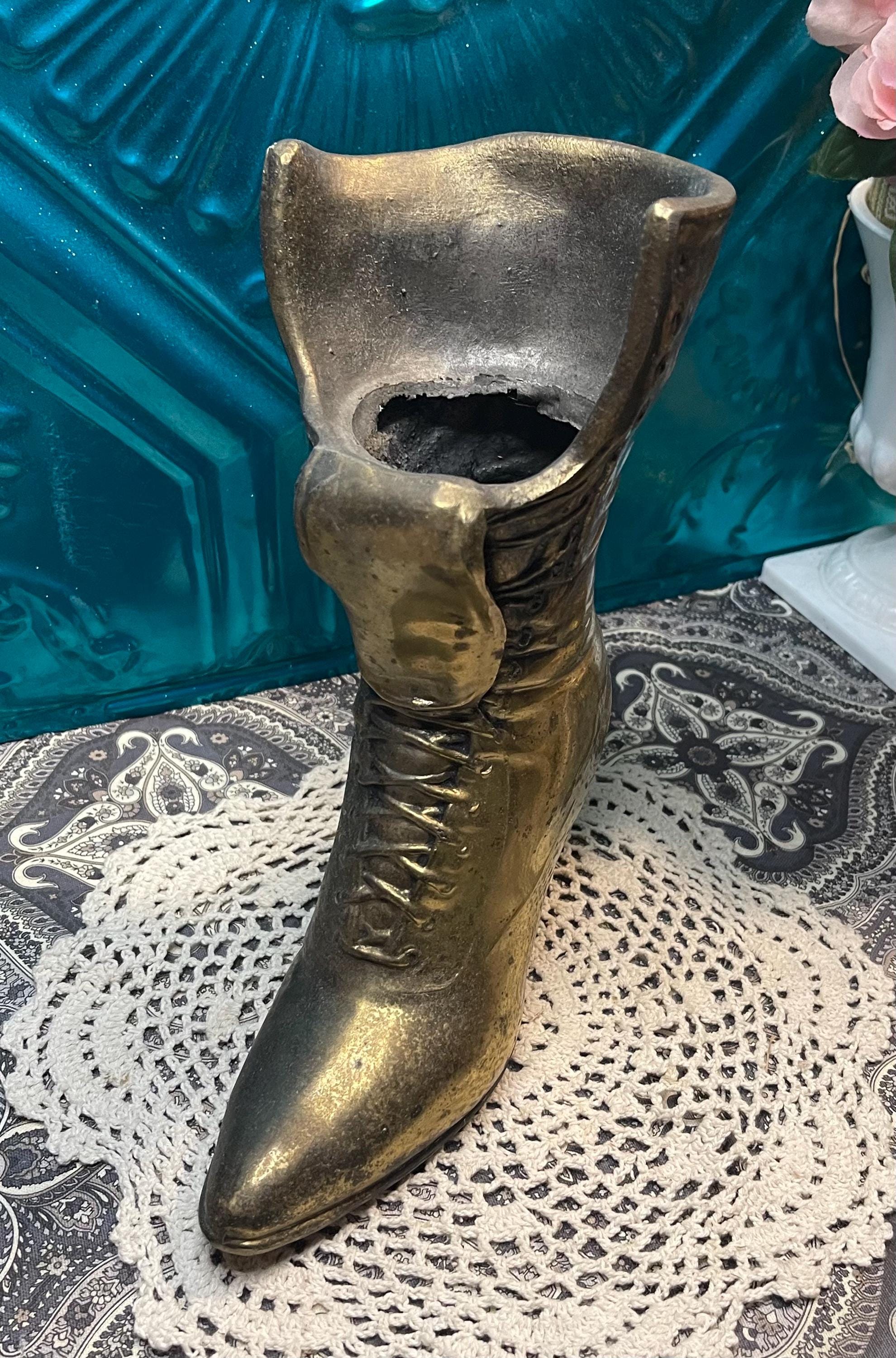 Vintage Brass or Brass Tone Cast Metal Victorian Boot Vase
