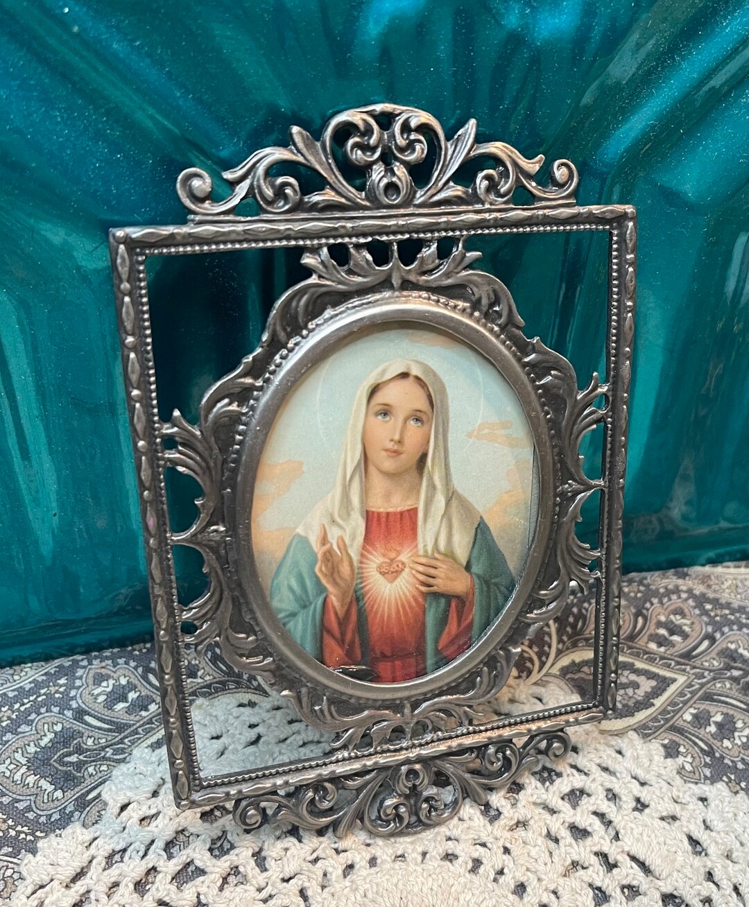 Vintage Small Ornate Metal Frame Immaculate Heart of Mary Cut Prayer ...