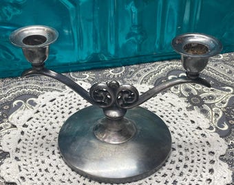 Vintage small but sturdy silver tone or silver plated candelabra- aged- heavy patina