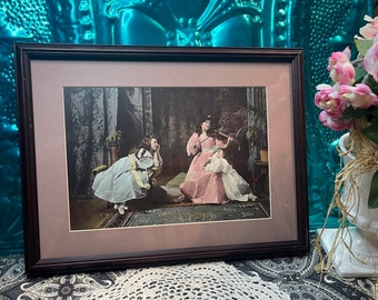 Vintage framed matted print -  Victorian ladies- aged