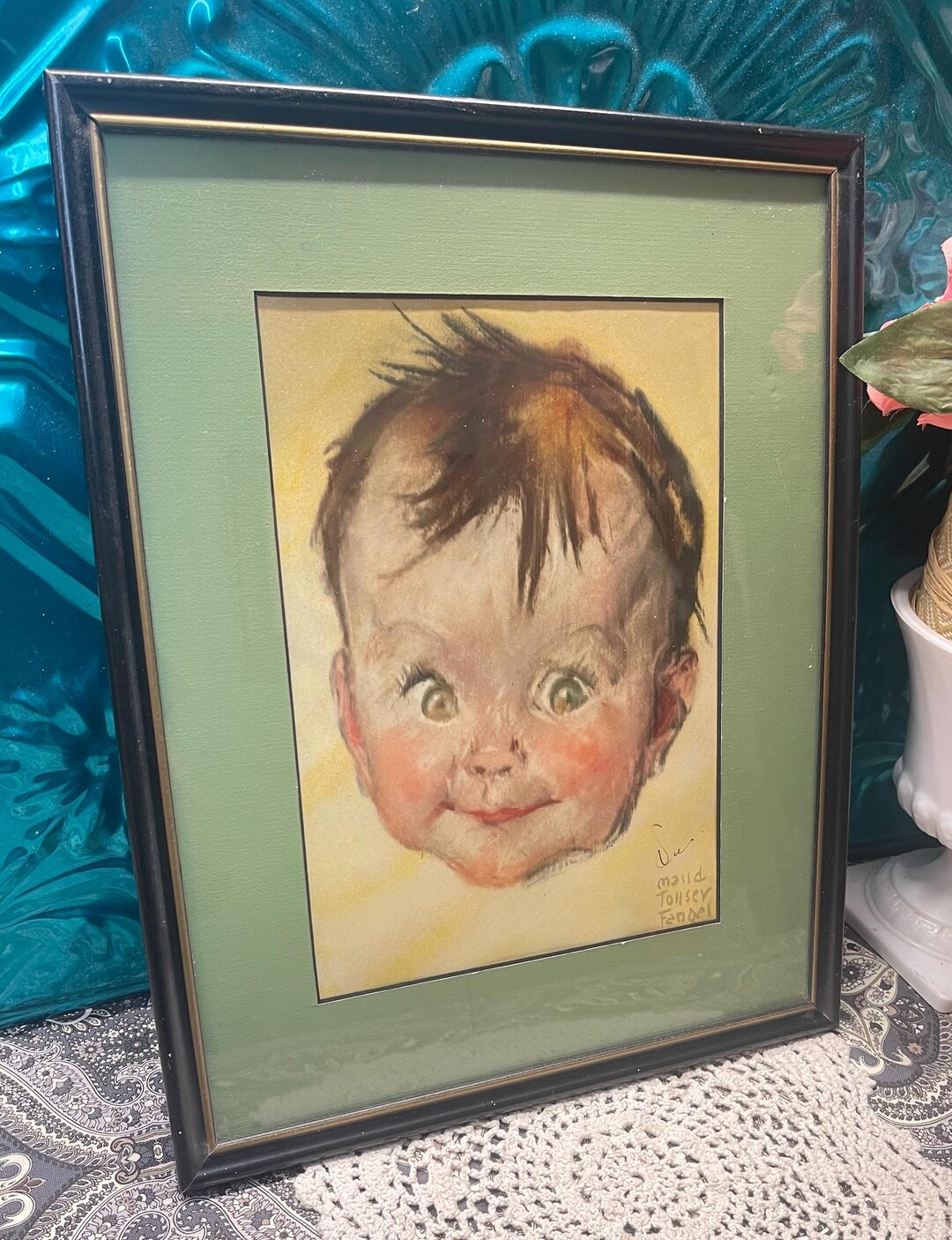 絵画 BABY BABY Vintage 1930's Plastic Framed Signed Lithograph Print of Baby