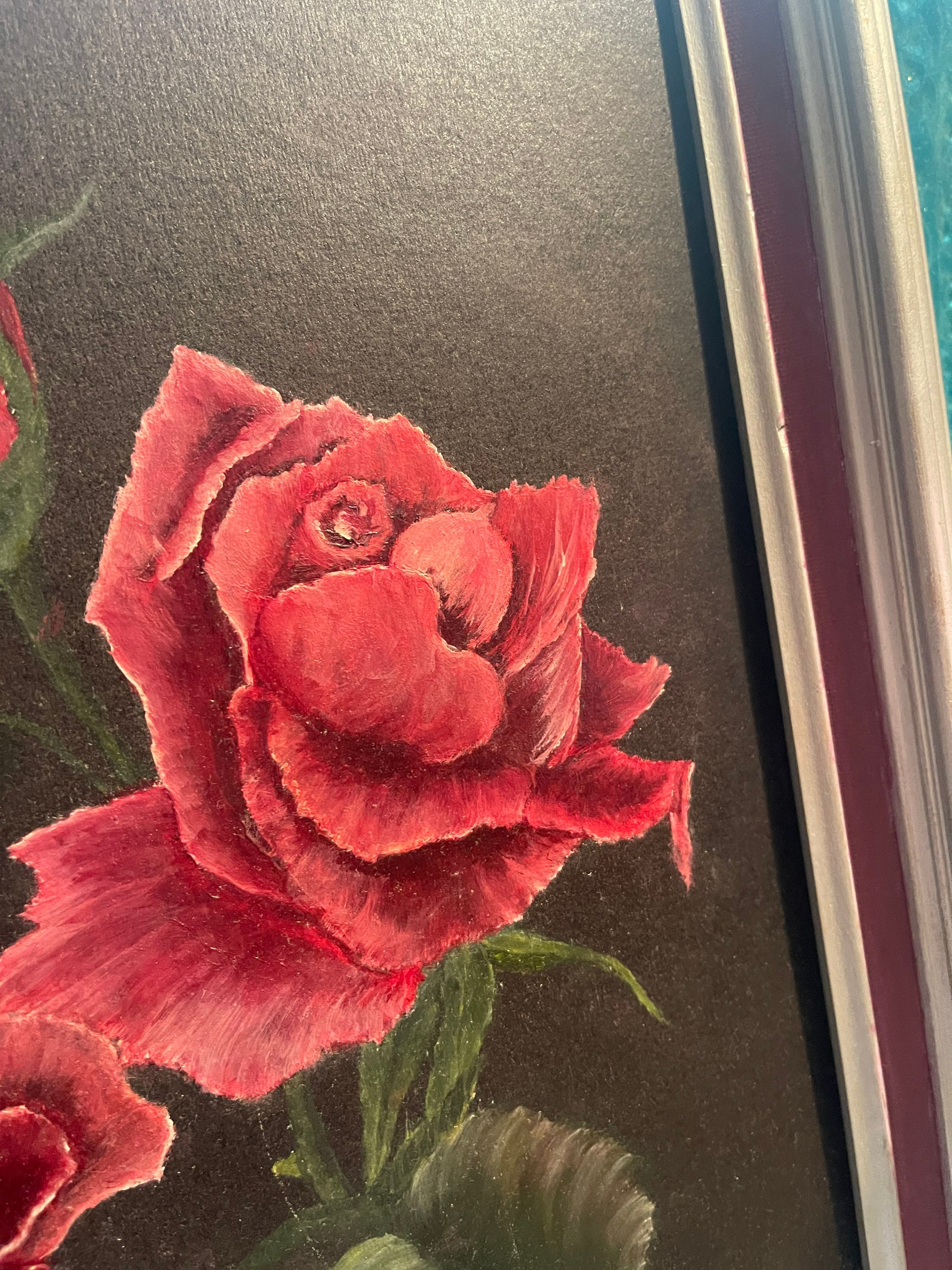 Vintage Original Wood Framed Rose Painting on Cardboard- Showing