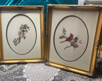 Vintage set of 2 ornate wood framed matted bird prints or paintings on unique background
