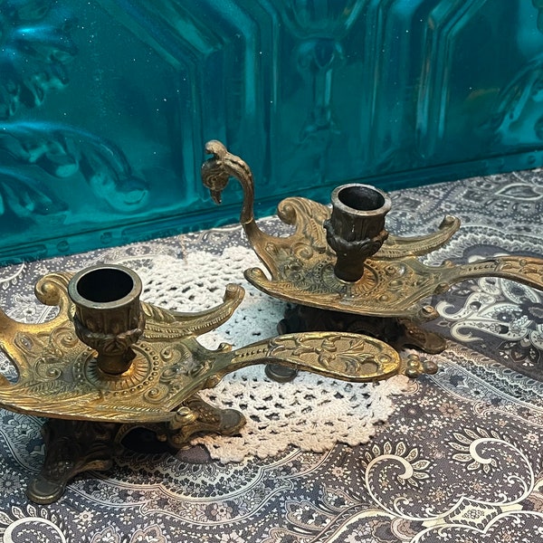 Vintage ornate Italy brass or brass tone metal peacock- Phoenix  candlestick holders-set of 2- aged