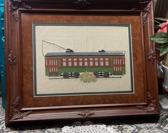 Vintage large wood framed streetcar needle point