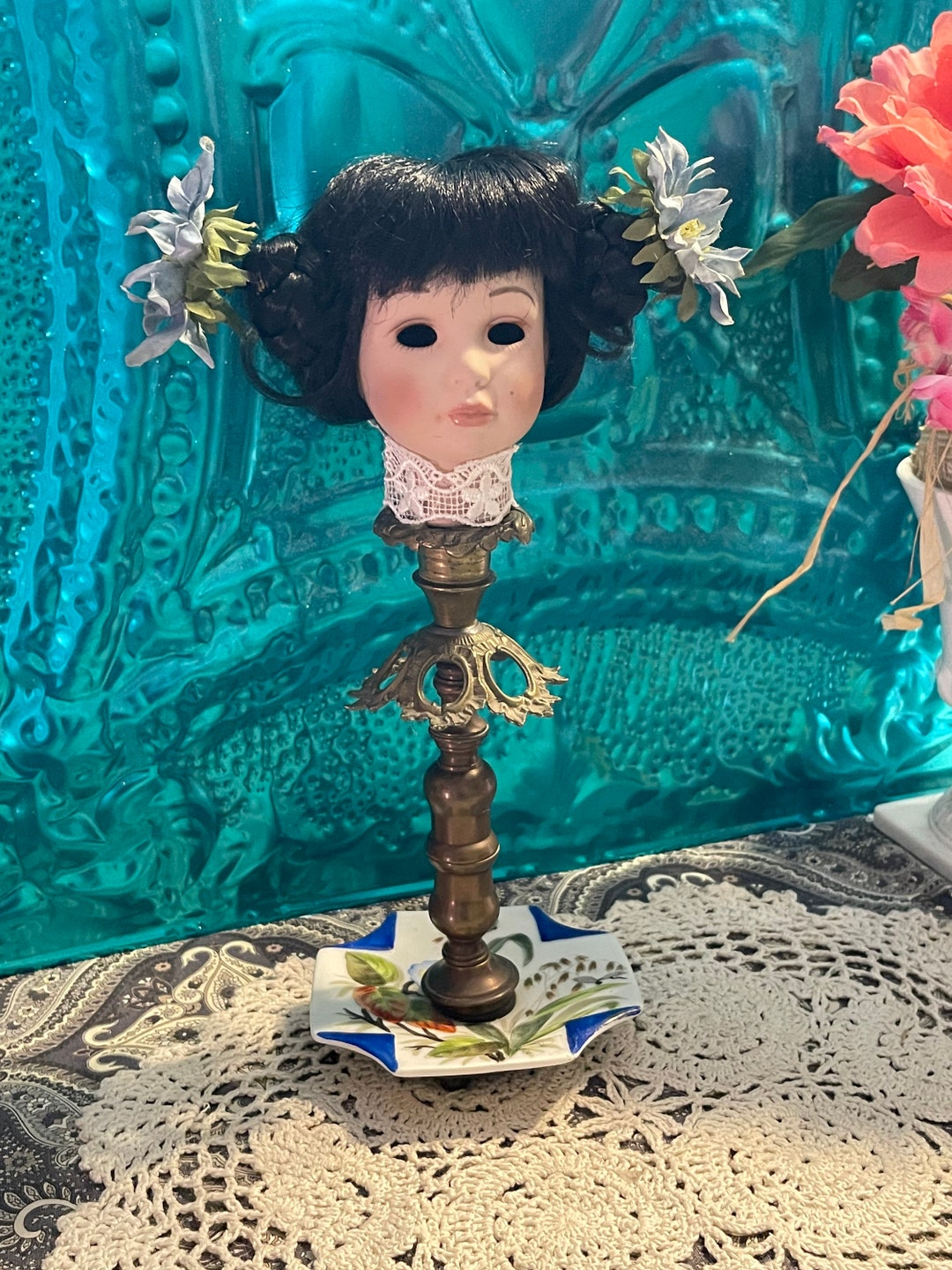 Doll Head Art Ceramic Doll Head on Brass and Ceramic Lamp Base With