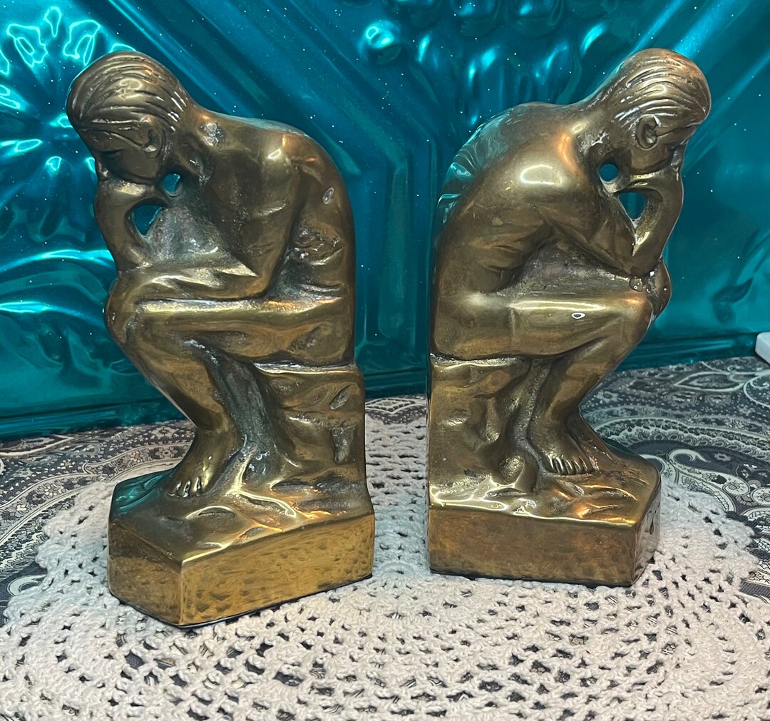 Vintage Brass Thinker Bookends Aged Etsy
