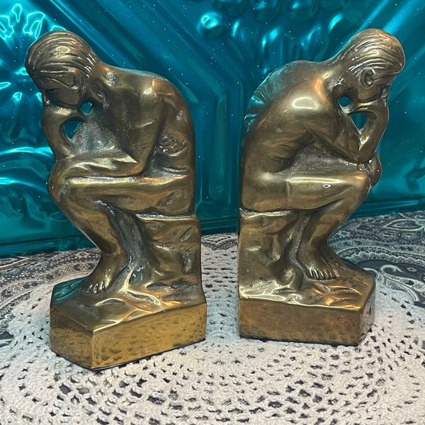 Vintage brass thinker bookends- aged