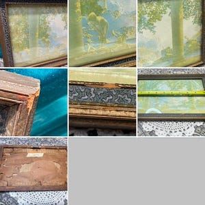 May include: A collage of nine images showing various antique picture frames with ornate details. The frames are made of wood and have a dark brown finish. Some of the frames have a decorative pattern on the edge. The frames are empty, but they are all in good condition.