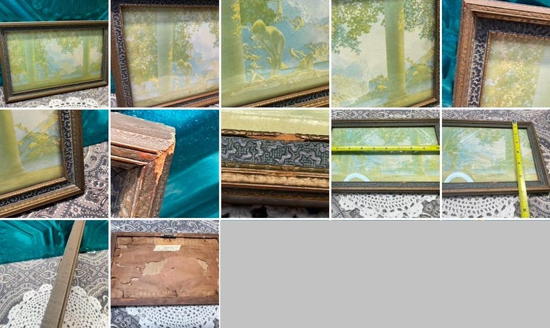 May include: A collage of nine images showing various antique picture frames with ornate details. The frames are made of wood and have a dark brown finish. Some of the frames have a decorative pattern on the edge. The frames are empty, but they are all in good condition.