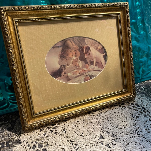 Vintage matted Print of little girl - praying with dog in ornate wood frame