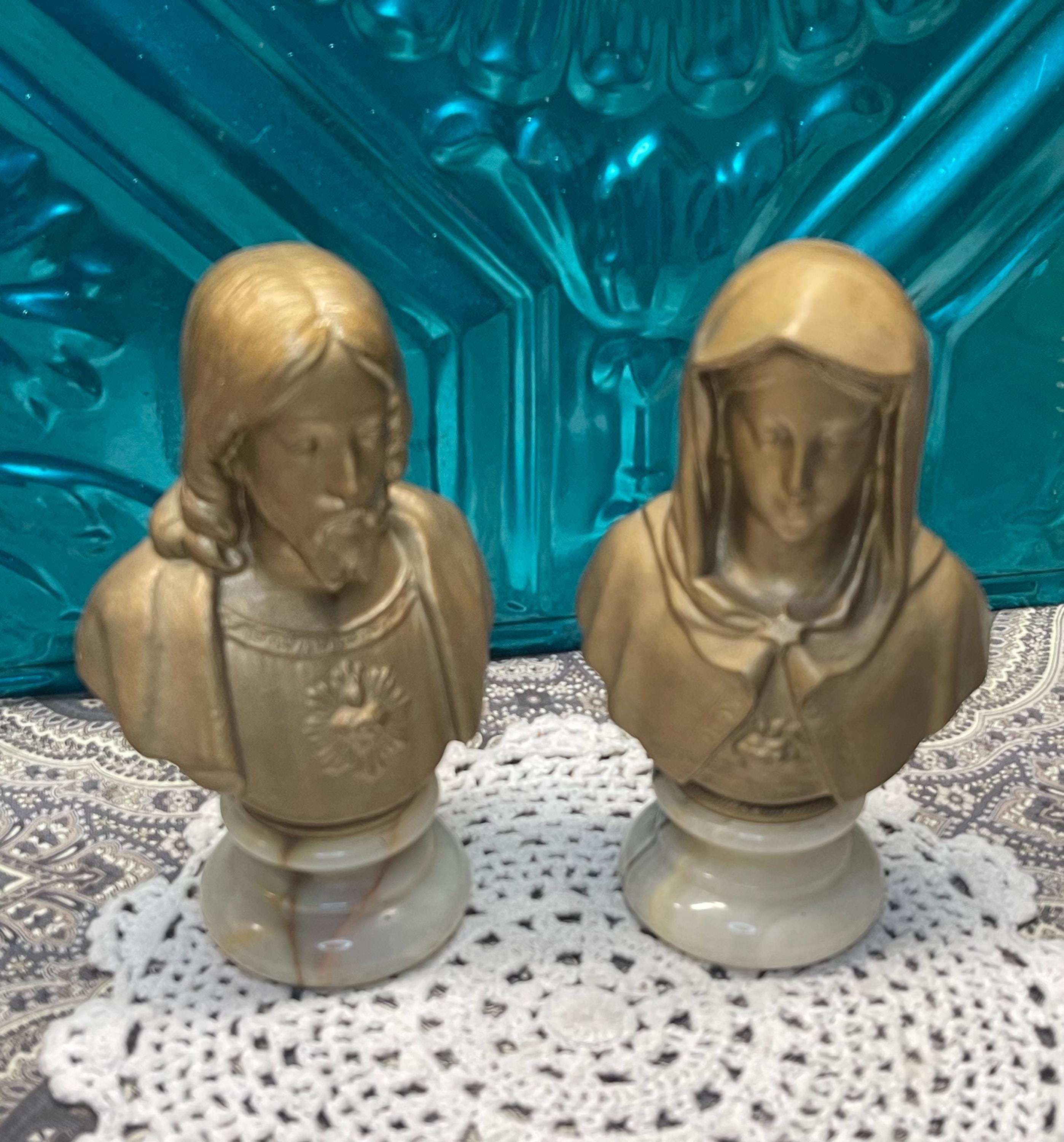 Vintage Small Heavy Cast Metal Sacred Heart Of Jesus & Immaculate Mary Statues On Stone Base - Set 2