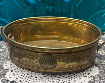 Vintage oval brass shell design on both sides planter 10.5 inches with handles - aged