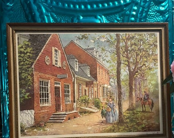 Vintage large framed matted print of buildings in Virginia- colonial style - aged frame