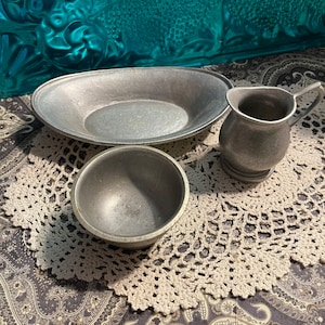 Vintage pewter creamer pitcher - sugar bowl- small tray -aged