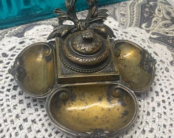 Antique ornate brass or brass- bronze tone metal inkwell - no insert - aged