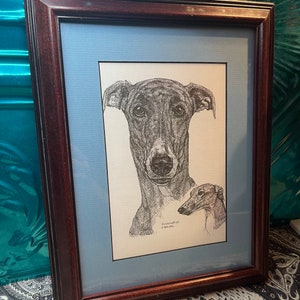Vintage wood framed dog - greyhound-  print of drawing-aged frame