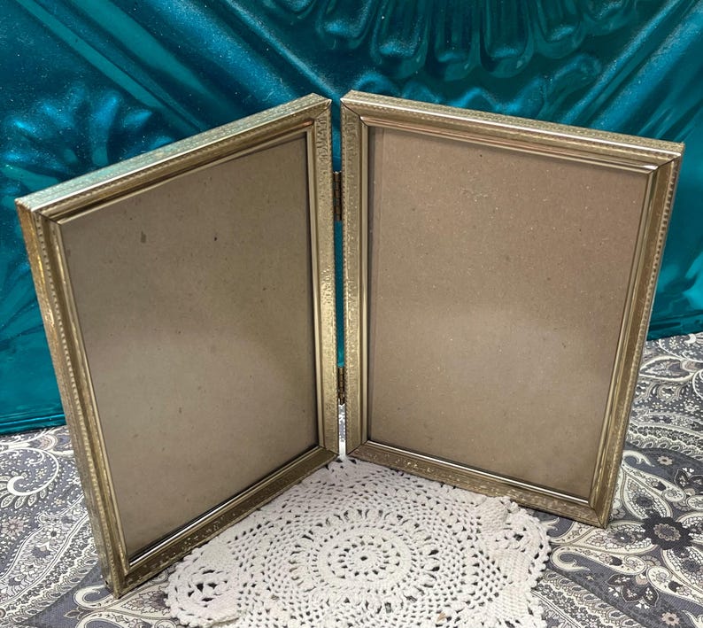 Vintage Metal Photo Frame Hinged Bi Fold Double Frame - Slide in Frame ...