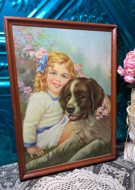 Vintage 1938 Wood Framed Lithograph Girl With Dog - No Glass 
