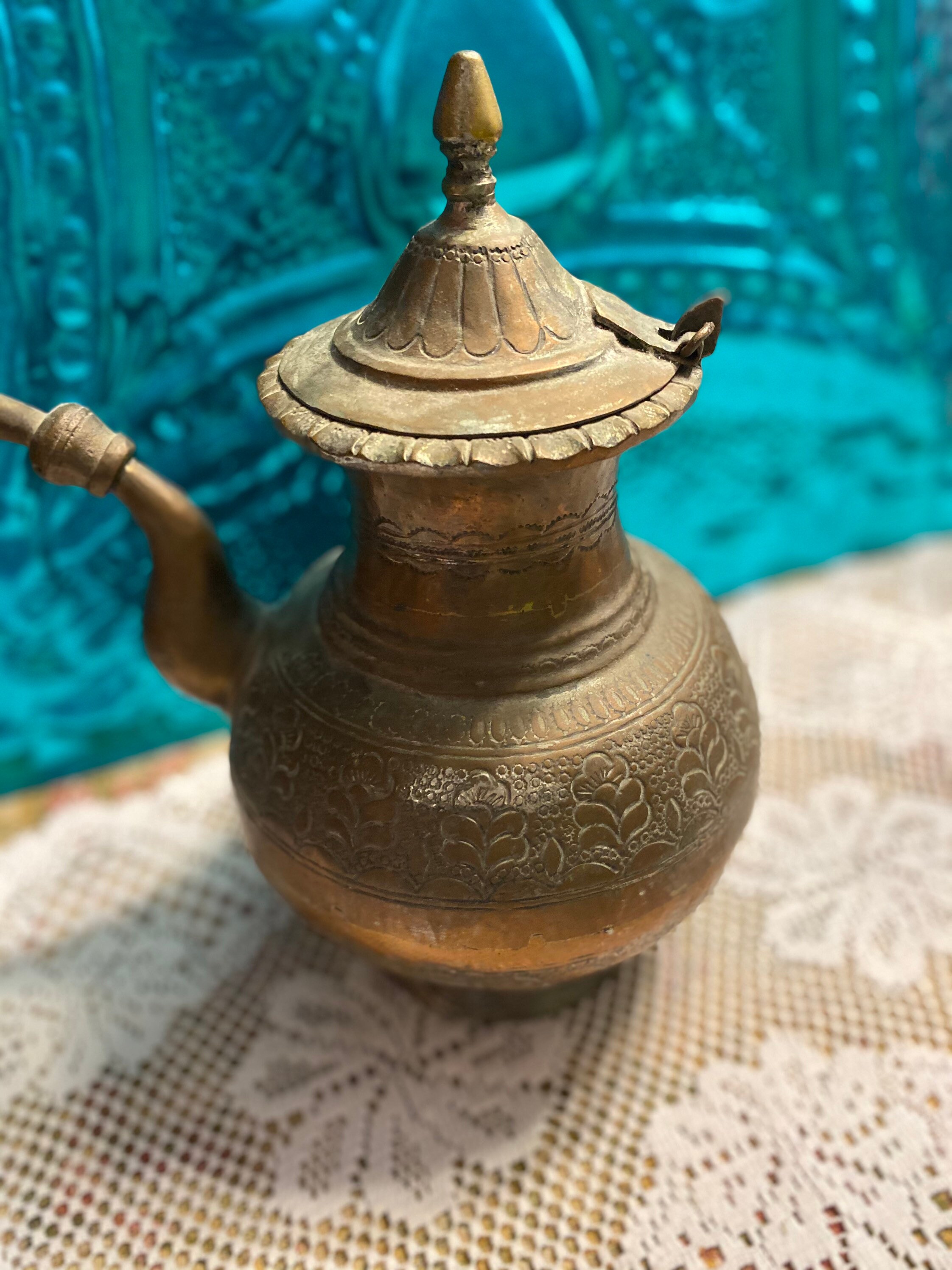 Vintage -Water Vessel With Lid - Water Pitcher Copper & Brass Etched Details Ritual Ceremonial- Decor