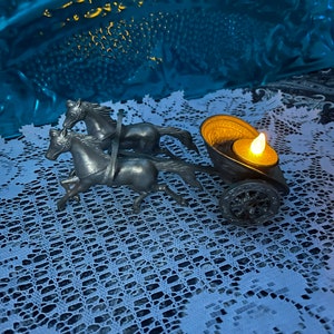 Vintage silver tone metal chariot with horses - repurposed as led tea light candle holder