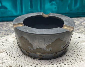 Vintage small but heavy pewter and brass ashtray- medieval style - aged