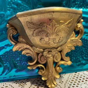 Vintage ornate plastic gold colored wall planter Victorian style - distressed