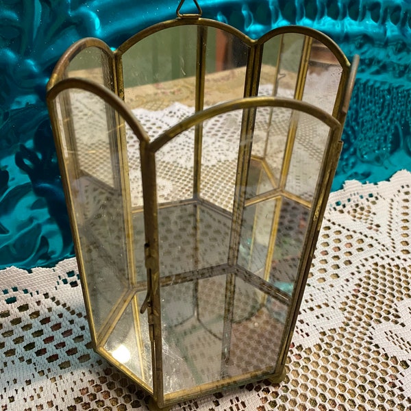 Vintage brass glass mirrored display, candle holder, curio, oddities display