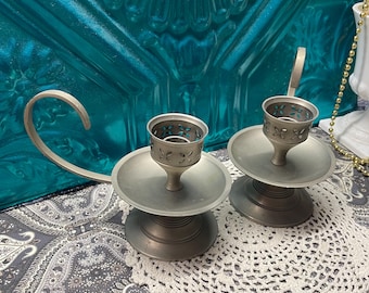 Vintage pewter tone chamberstick- candlestick candle holder - set of 2- aged