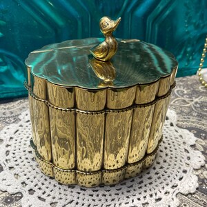 Vintage hinged lid brass box -container with duck on top