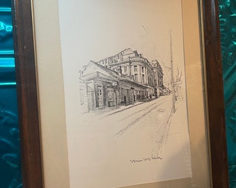 Vintage framed matted print of drawing - New orleans - aged frame