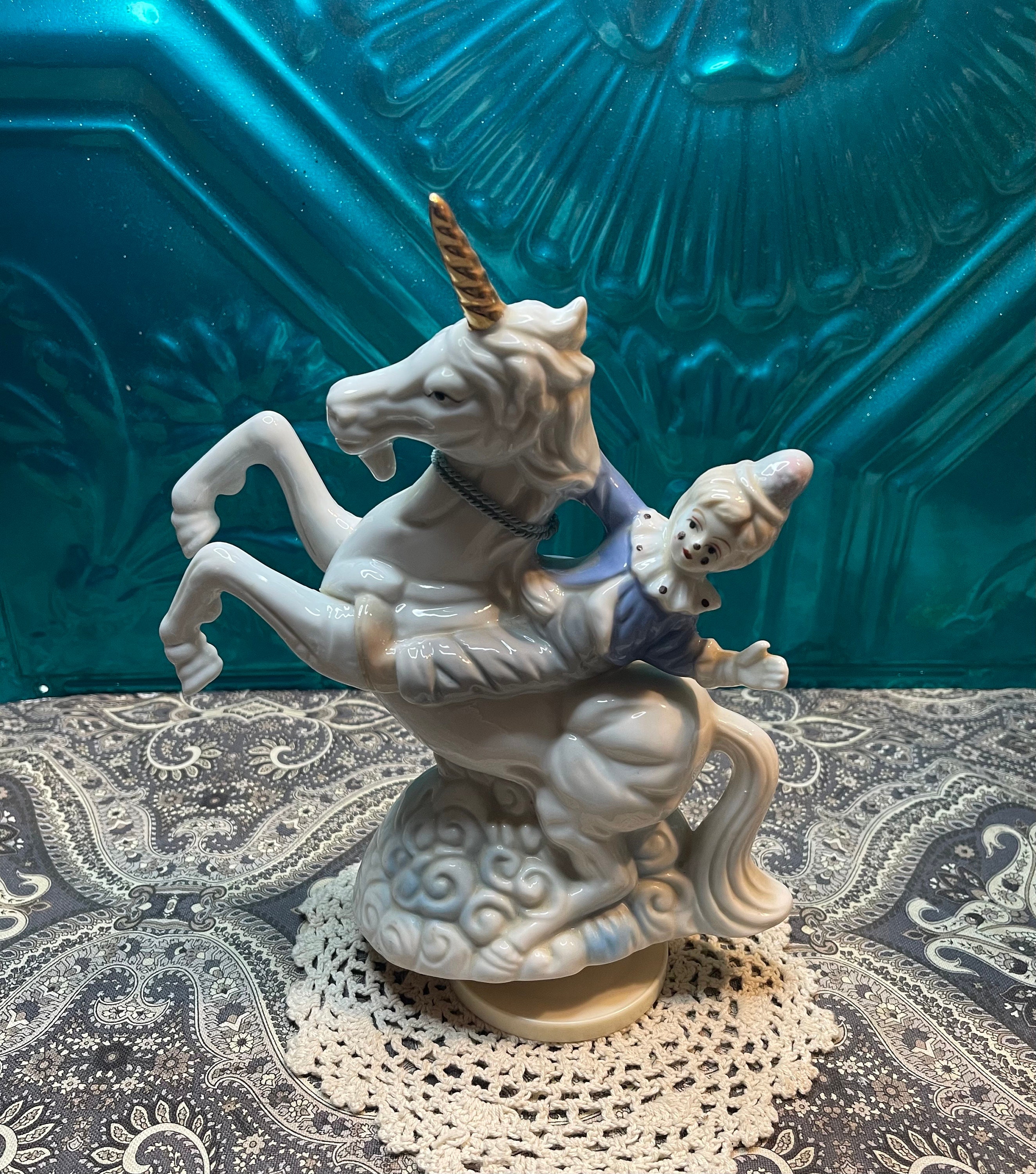 Vintage Ceramic Clown on Unicorn Music Box Spinning Turning