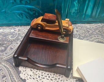 Vintage wood pen and note pad holder- car decor - aged