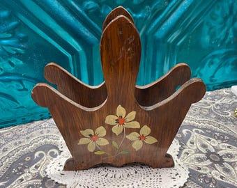 Vintage lightweight wood napkin holder - flowers - aged
