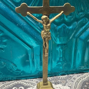 vintage half base brass standing crucifix - Altar crucifix