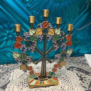Vintage enameled brass Jerusalem candle holder - aged