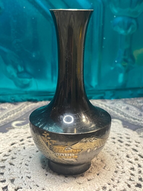 Vintage Small Mixed Metal Japanese Design Vase - Pagoda