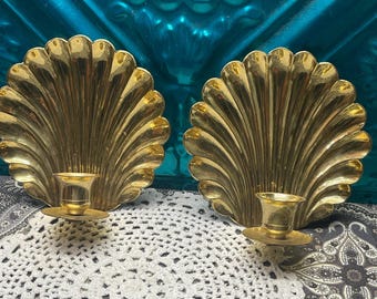Vintage pair of small sturdy brass shell wall sconces