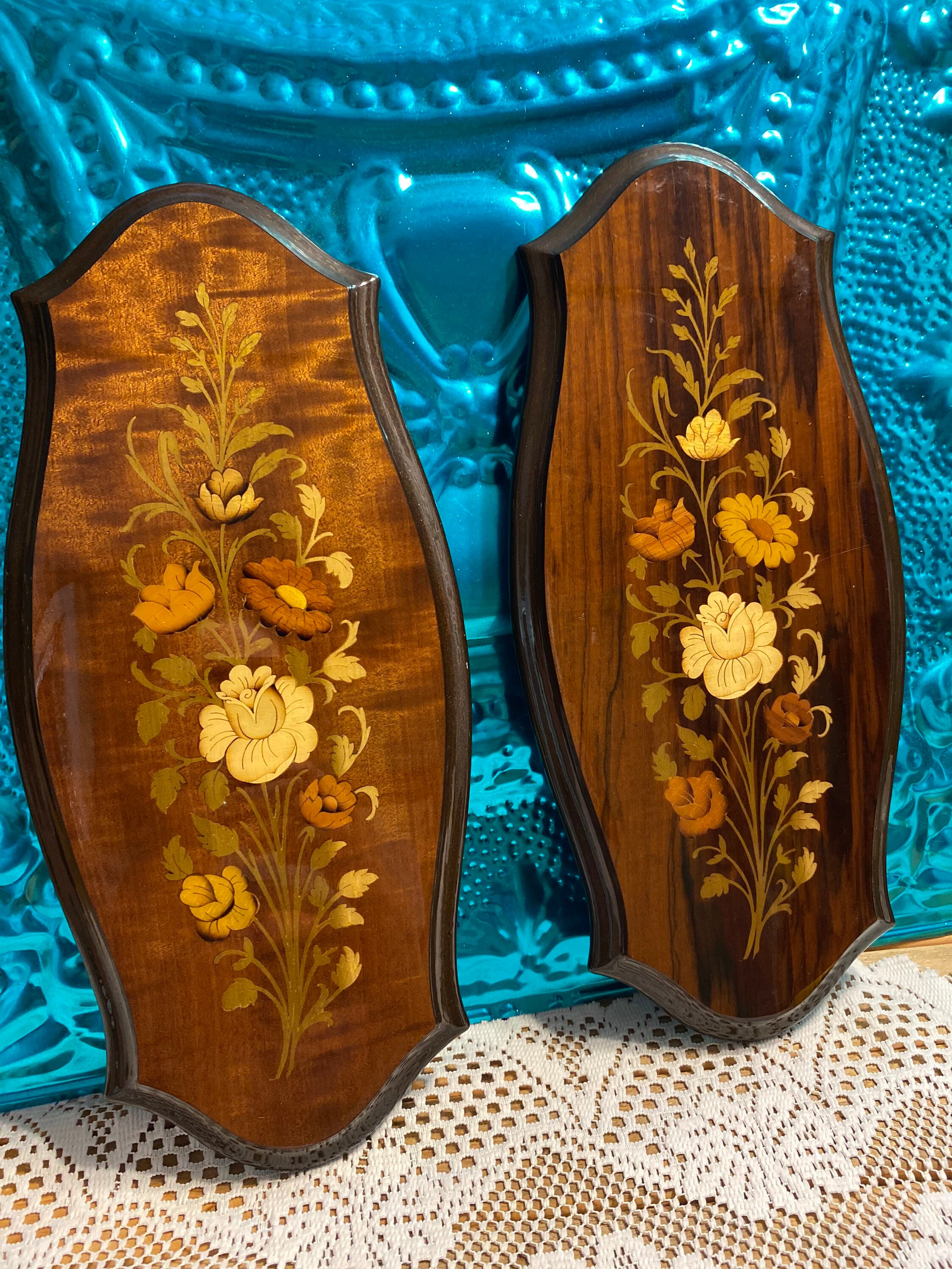 Vintage large Italian wood inlaid wall plaque set of 2 Etsy